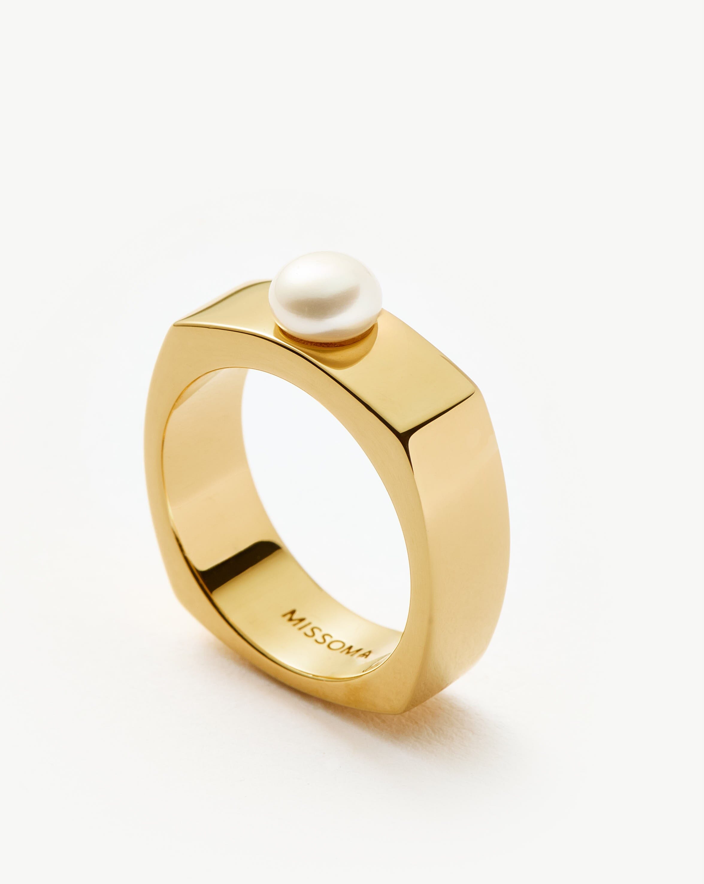 Button Pearl Square Chunky Ring | 18ct Gold Plated Vermeil/Pearl Rings Missoma 