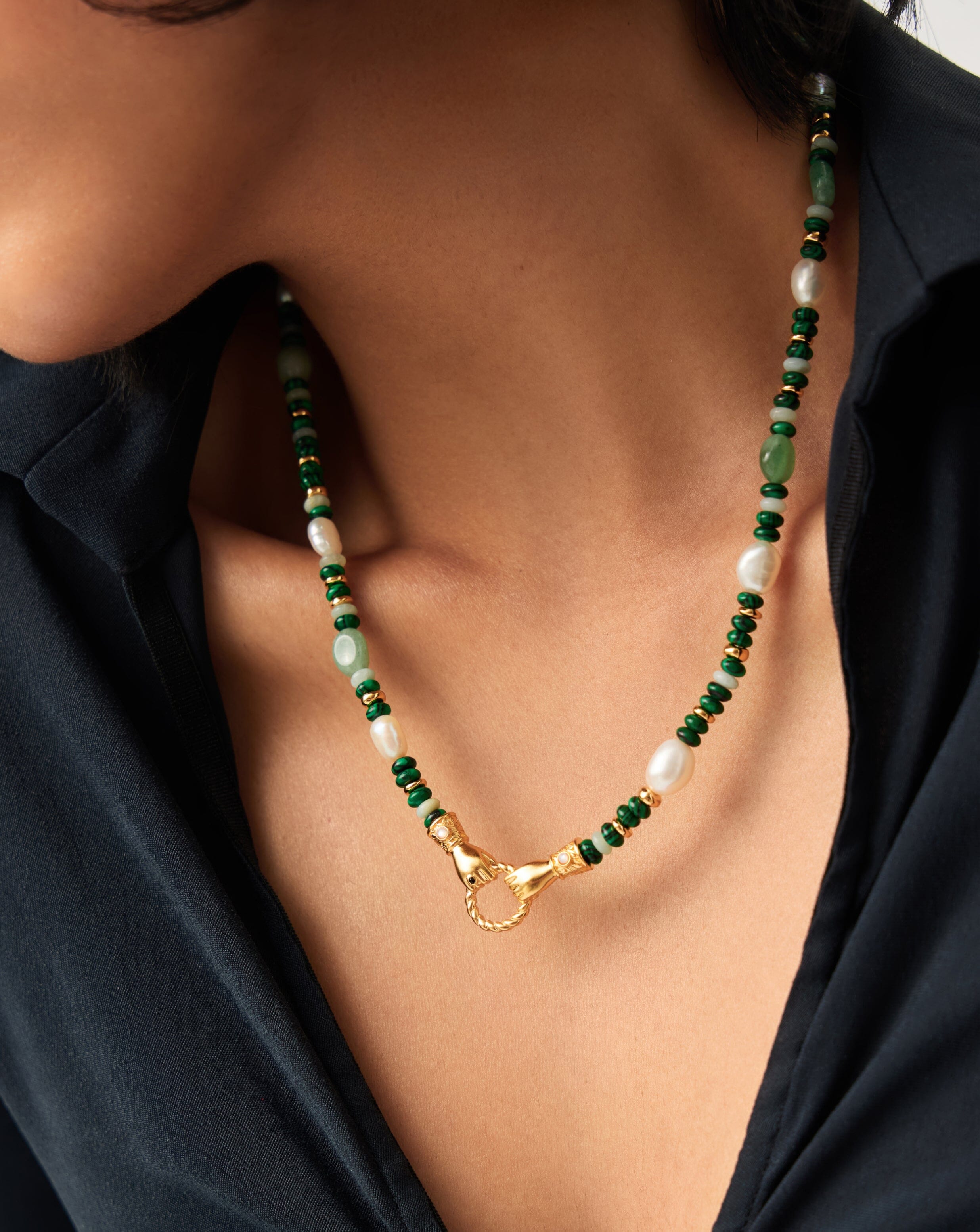 Harris Reed In Good Hands Beaded Gemstone Necklace | 18ct Gold Plated/Multi Green Gemstone & Pearl Necklaces Missoma 