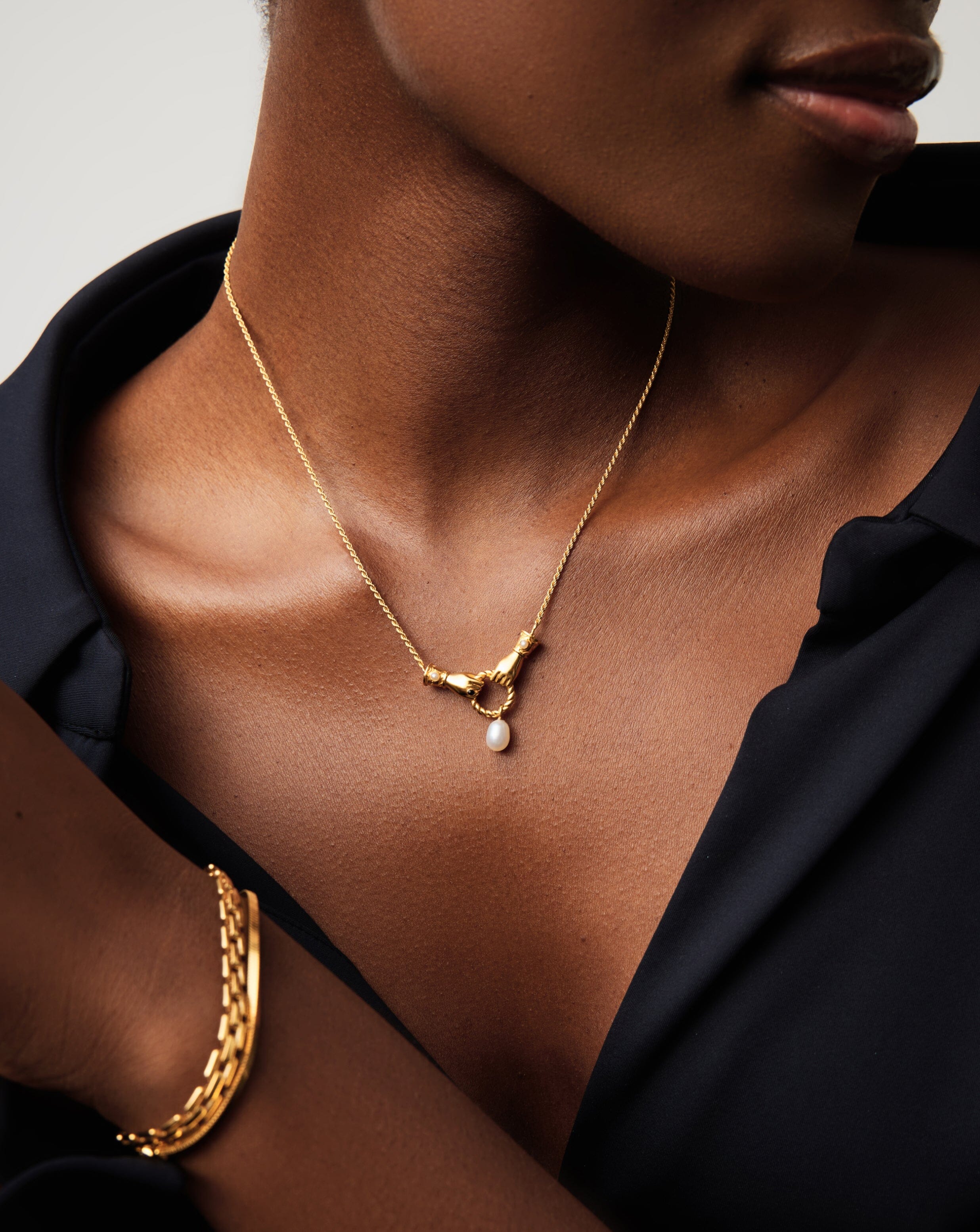 Harris Reed In Good Hands Drop Pendant Necklace | 18ct Gold Plated/Pearl & Black Onyx Necklaces Missoma 