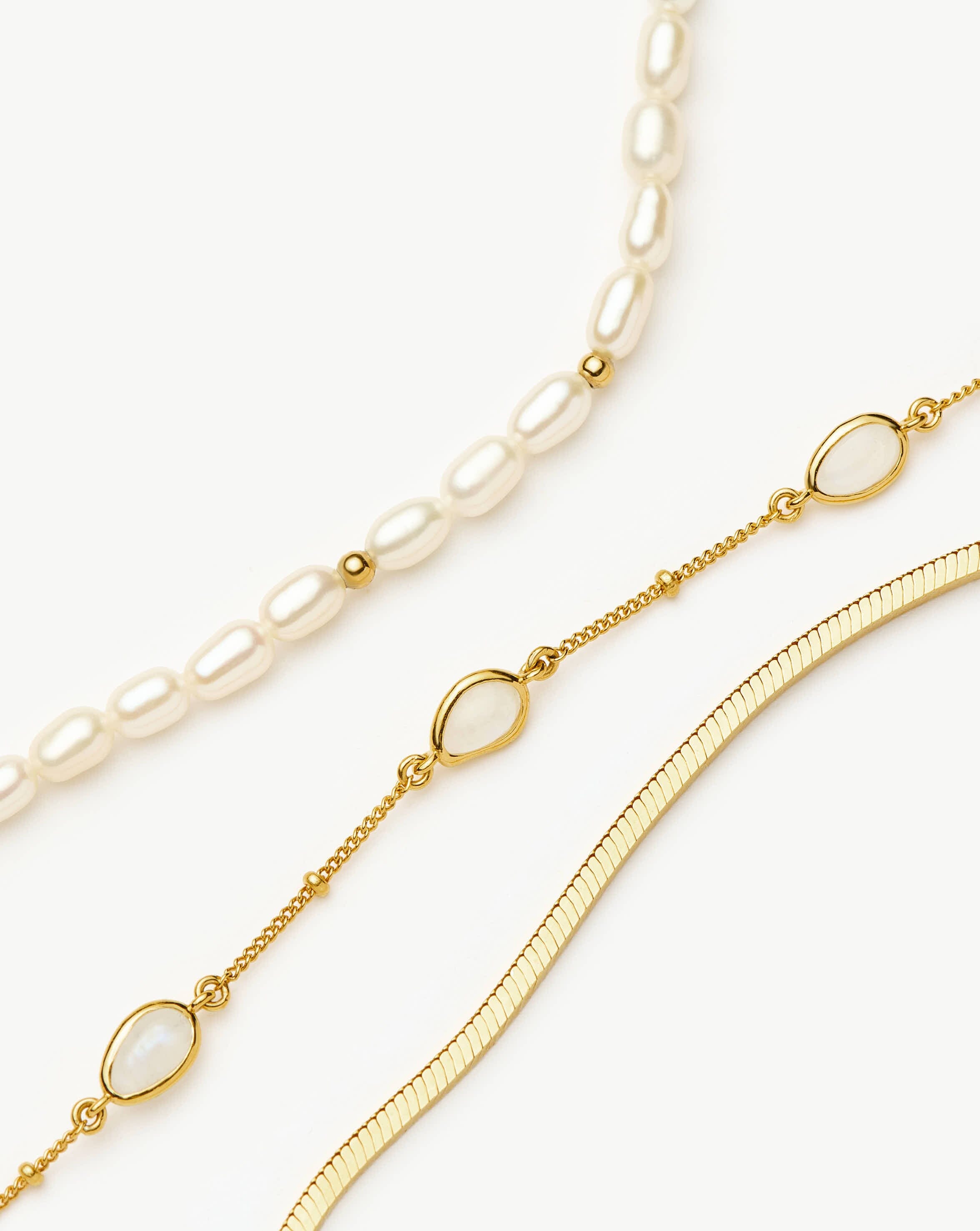 Pearl & Snake Chain Triple Bracelet Set | 18ct Gold Plated Layering Sets Missoma 