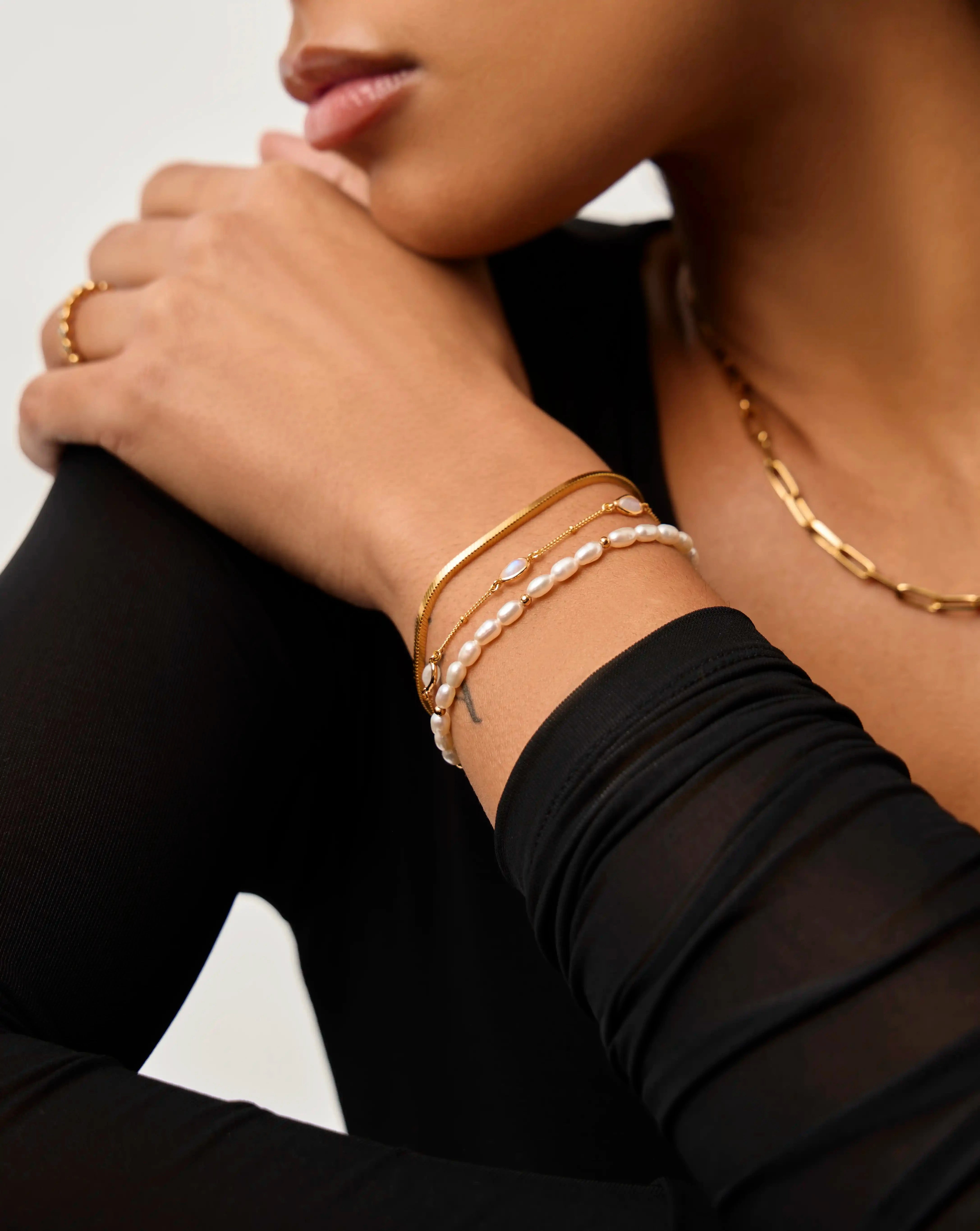 Pearl & Snake Chain Triple Bracelet Set | 18ct Gold Plated Layering Sets Missoma 