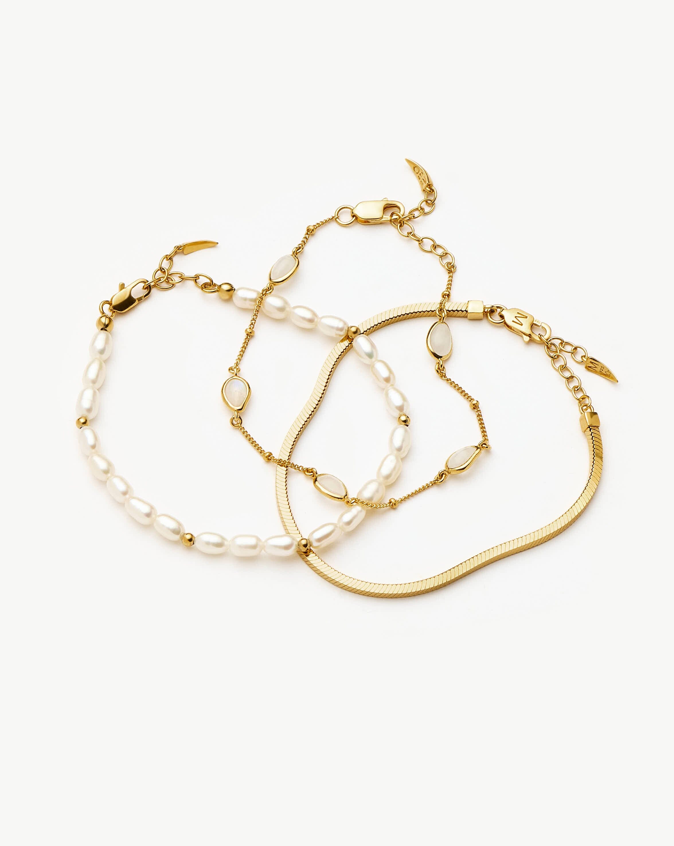 Pearl & Snake Chain Triple Bracelet Set | 18ct Gold Plated Layering Sets Missoma 