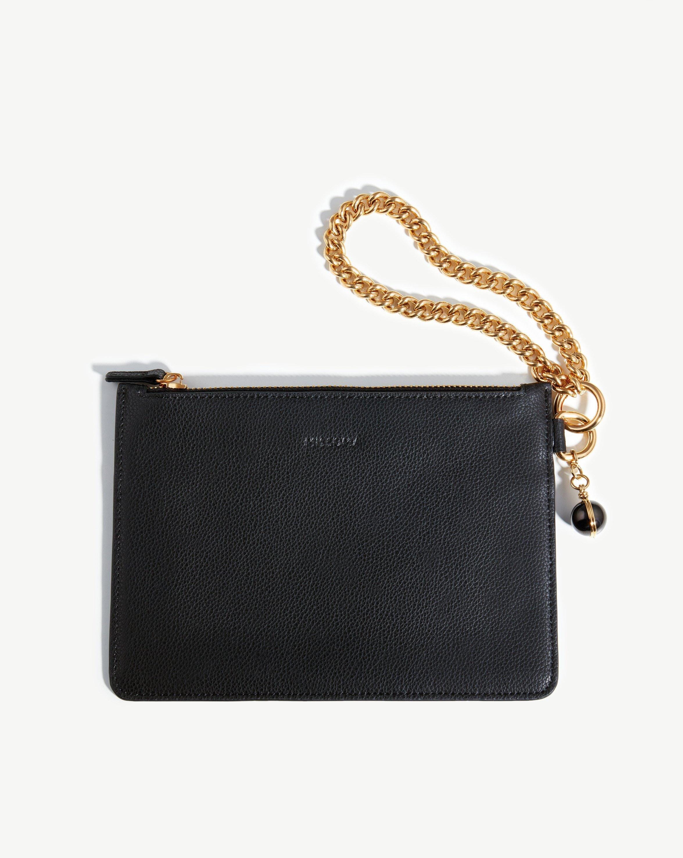 Chain Wristlet Leather Pouch | 18ct Gold Plated/Recycled Black Leather ...