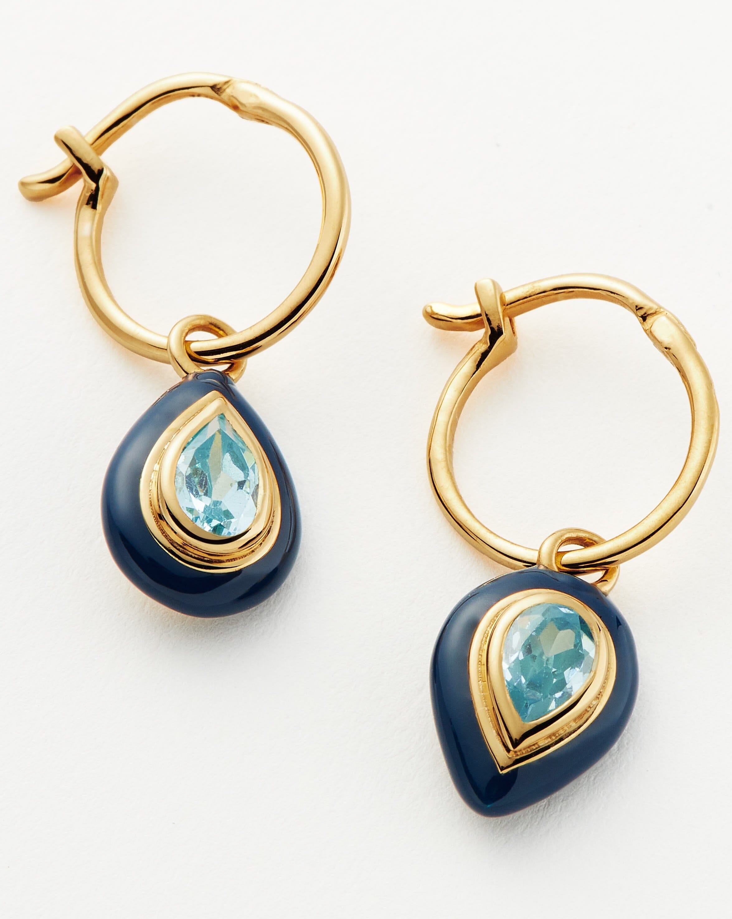 Enamel & Stone Droplet Charm Mini Hoop Earrings | 18ct Gold Plated Vermeil/Aqua Blue Cubic Zirconia Earrings Missoma 