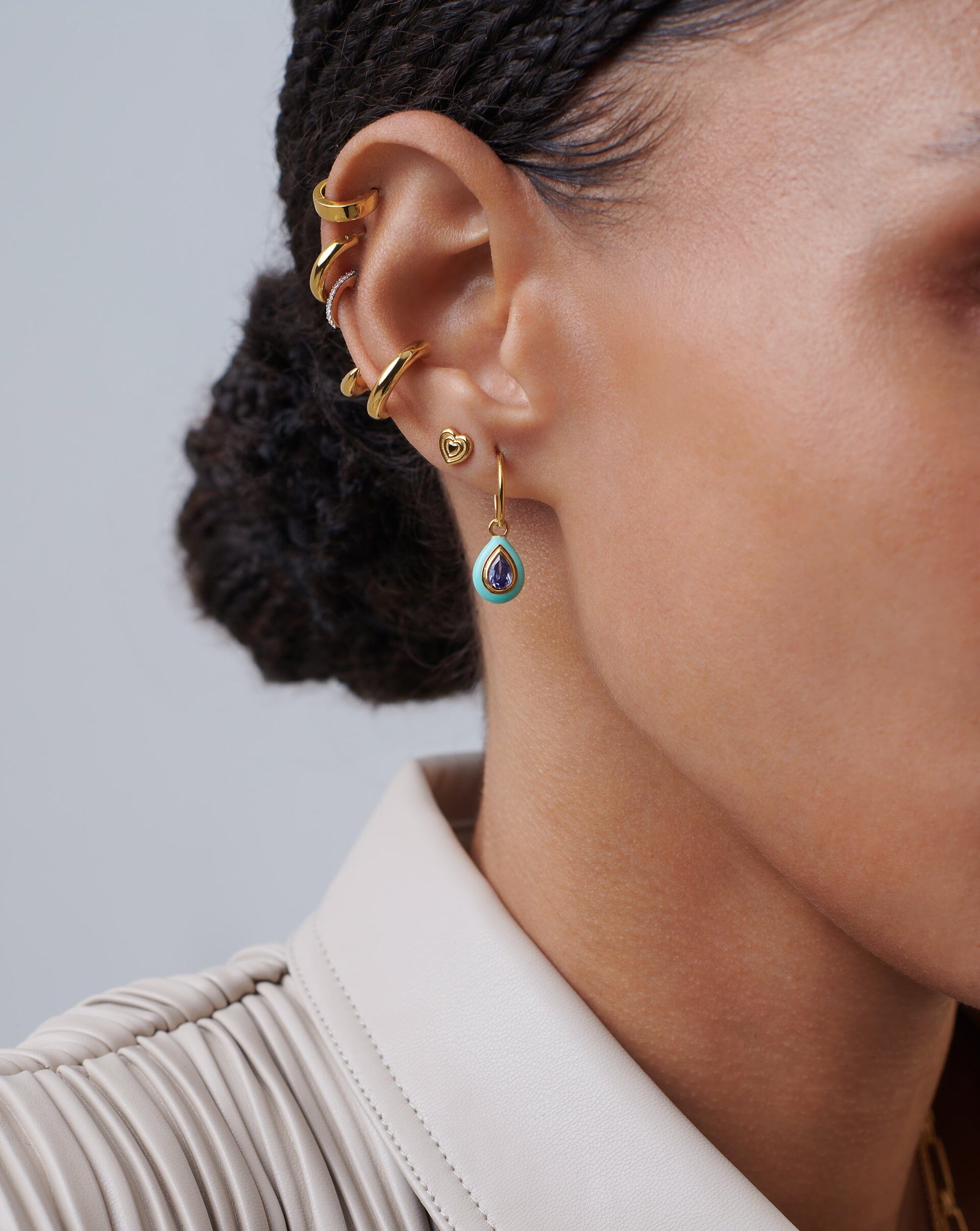 Enamel & Stone Droplet Charm Mini Hoop Earrings | 18ct Gold Plated  Vermeil/Blue Cubic Zirconia