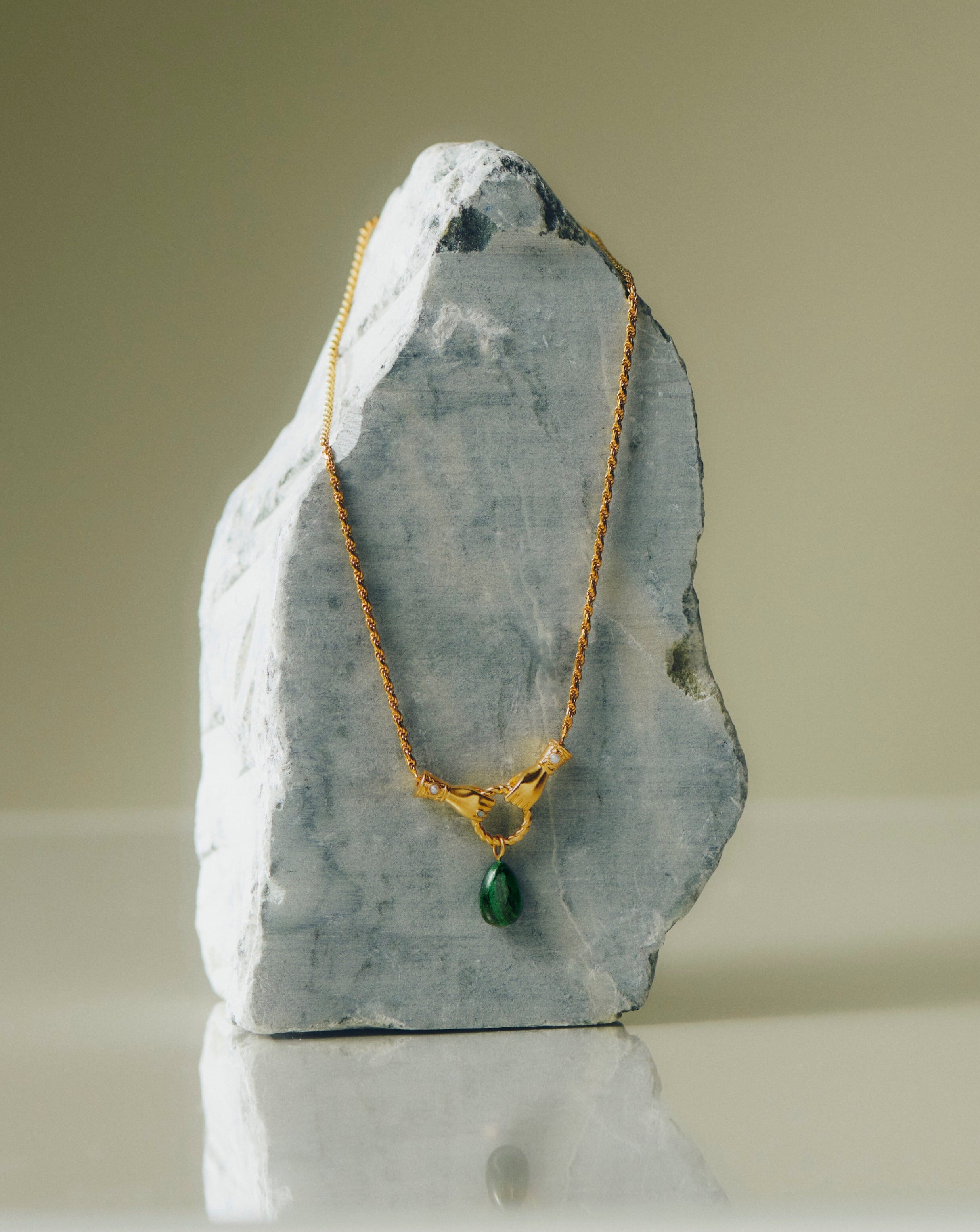 Harris Reed In Good Hands Drop Pendant Necklace | 18ct Gold  Plated/Malachite & Pearl